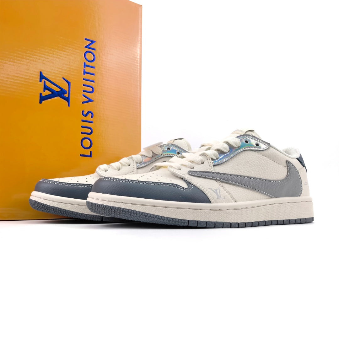 Sneakers Louis Vuitton x Air Jordan 1 en color gris, destacando un diseño moderno y exclusivo.