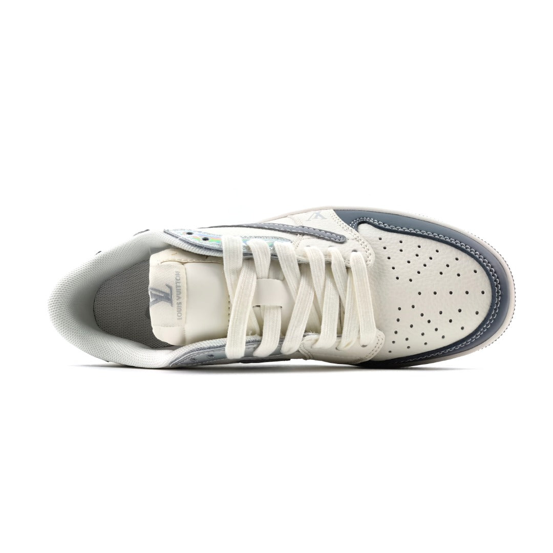 Diferentes ángulos de los Louis Vuitton x Air Jordan 1, resaltando su comodidad y estilo.