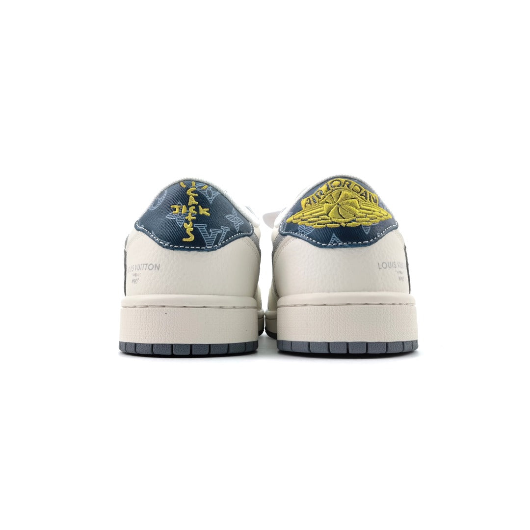 Vista lateral de los Louis Vuitton x Air Jordan 1, fusionando estilo clásico con innovaciones de moda.
